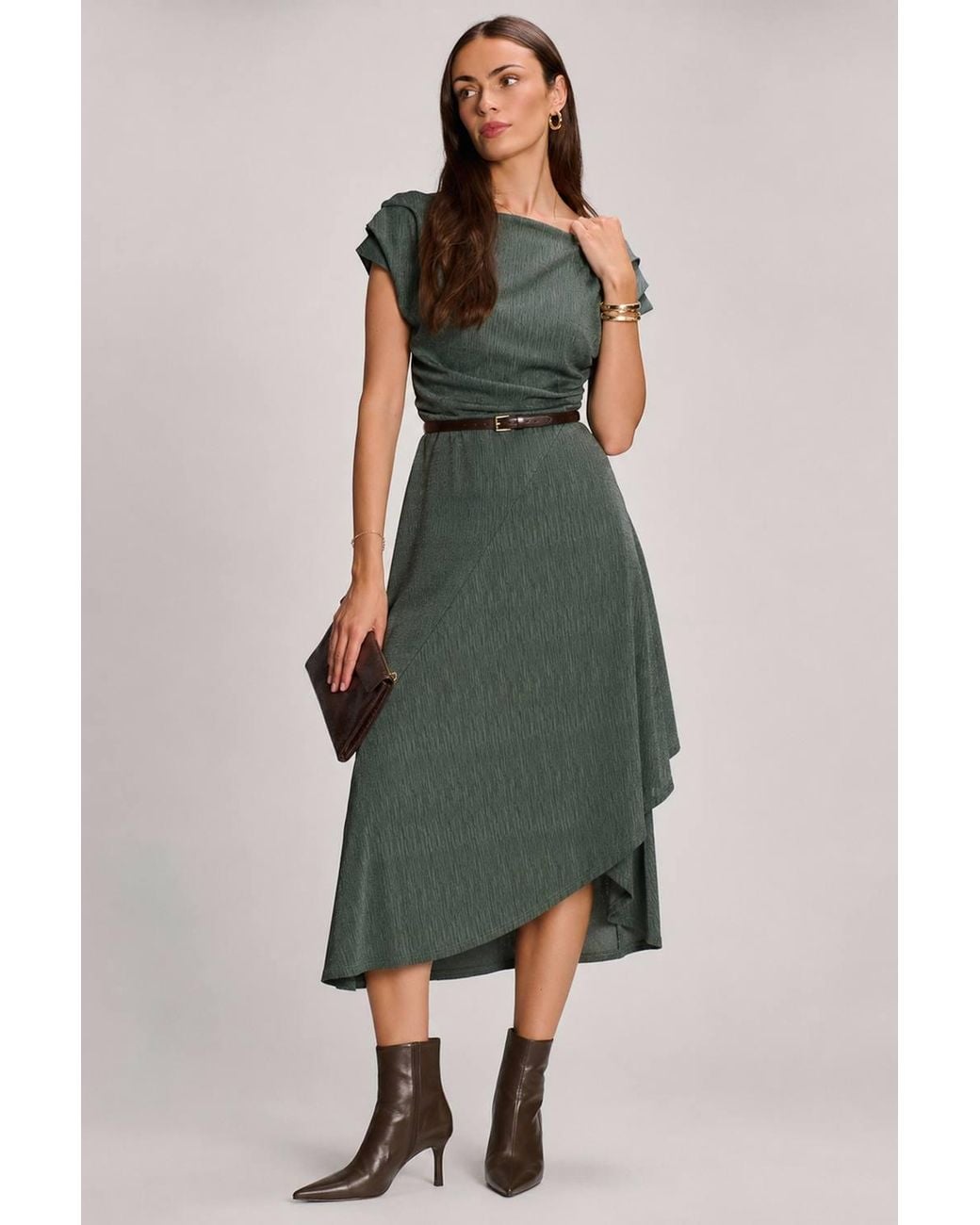 Jolie Moi Green Asymmmetric Draped Midi Dress