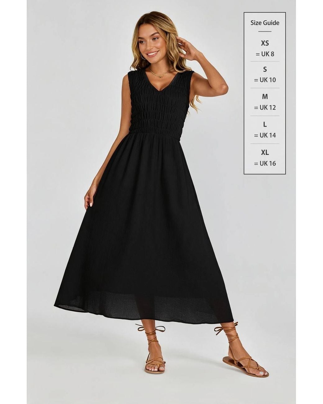 FS Collection Black Sleeveless Shirred Bodice Midi Dress