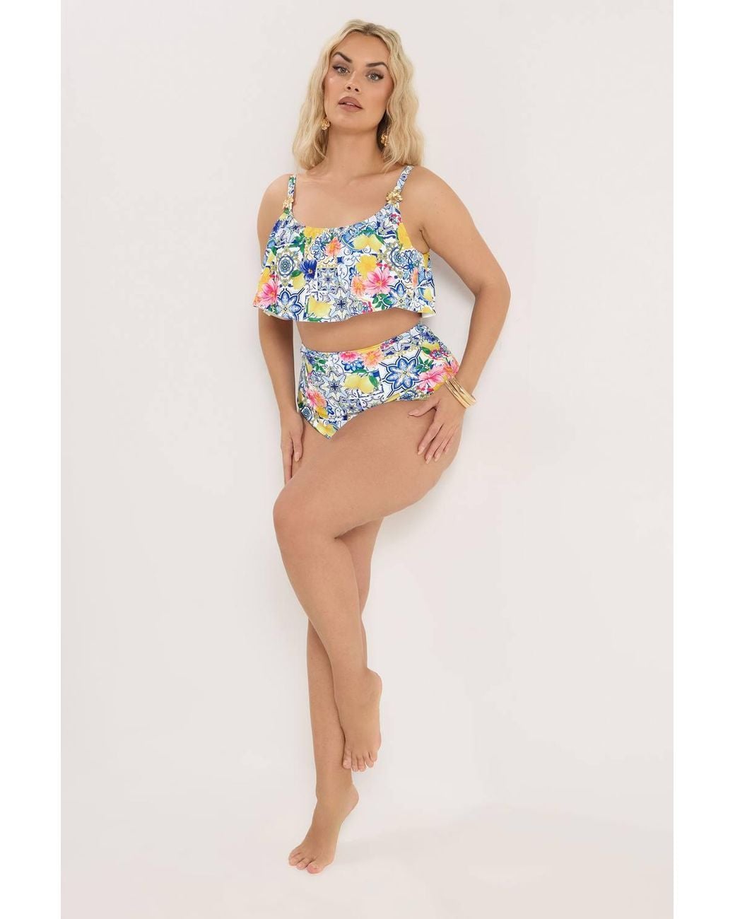Yours Blue Mediterranean Tile Frill Bikini Top
