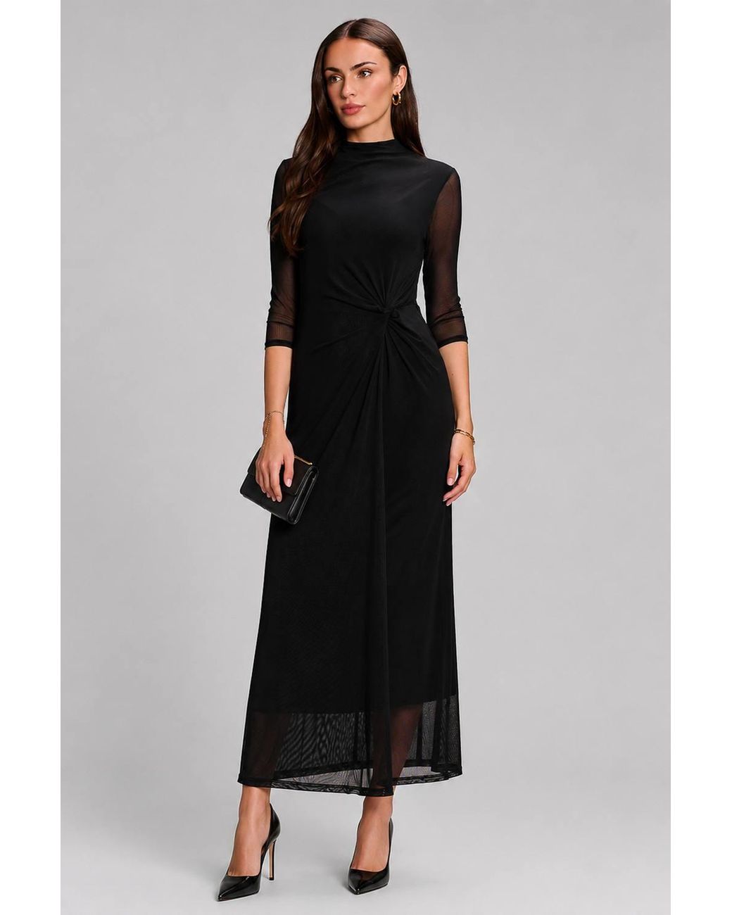 Jolie Moi Black High Neck 3/4 Sleeve Mesh Maxi Dress