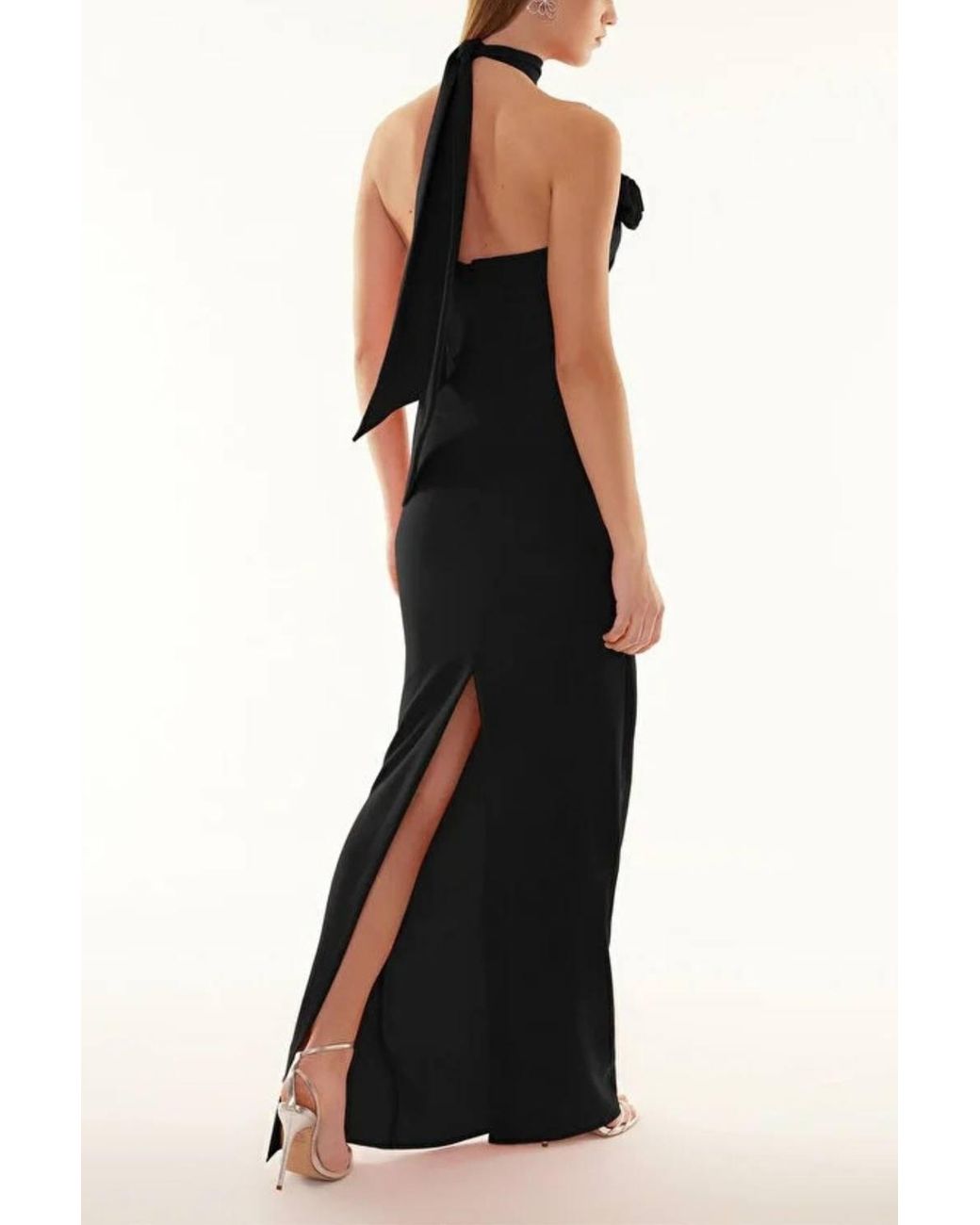 WOVCOR Black Woven Maxi Elegant Evening Dress W/ Rose Detail