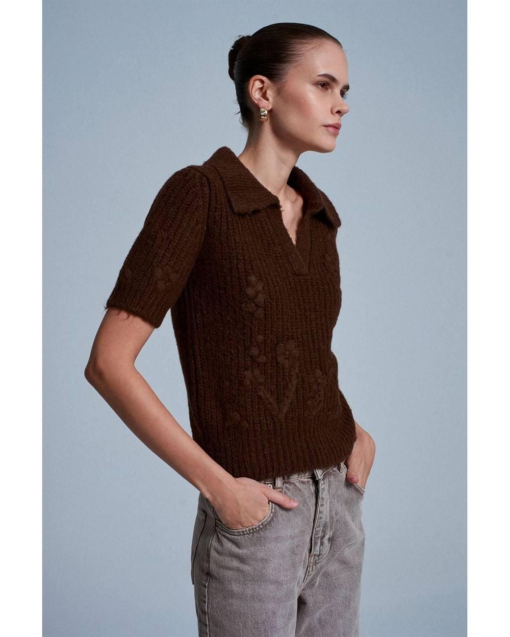 Dilvin Brown Textured Ribbed Polo-Collar Sweater