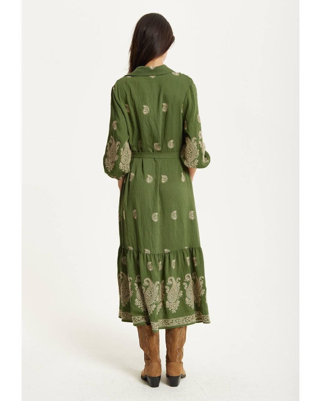 Liquorish Green Paisley Embroidered Midi Shirt Dress