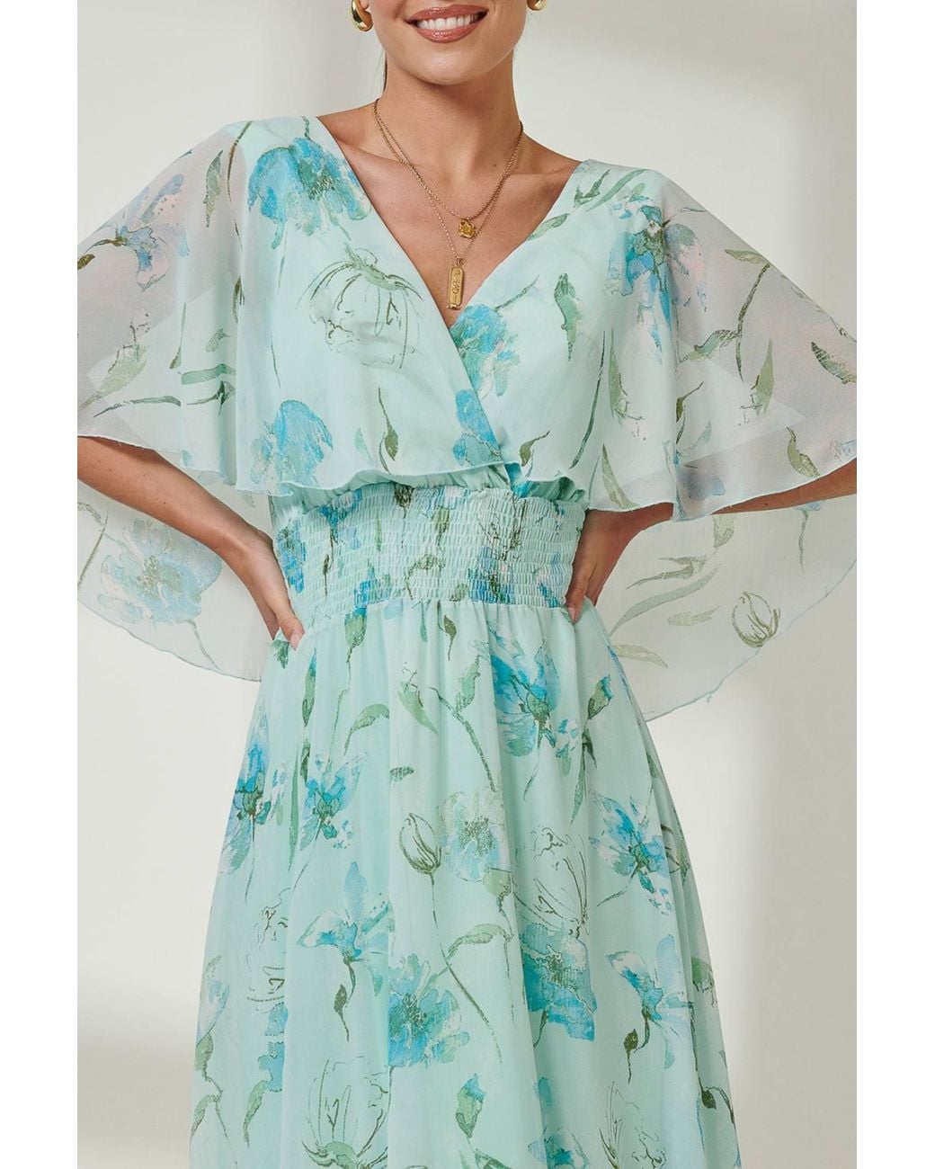 Jolie Moi Green Frill V-Neck Chiffon Maxi Dress