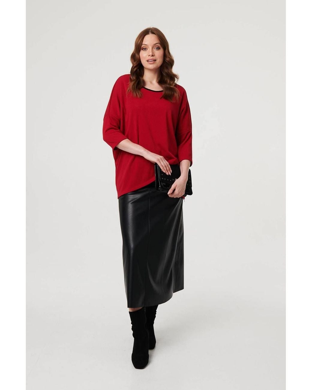 Izabel London Red Asymmetric Zip Hem 3/4 Sleeve Tunic Top