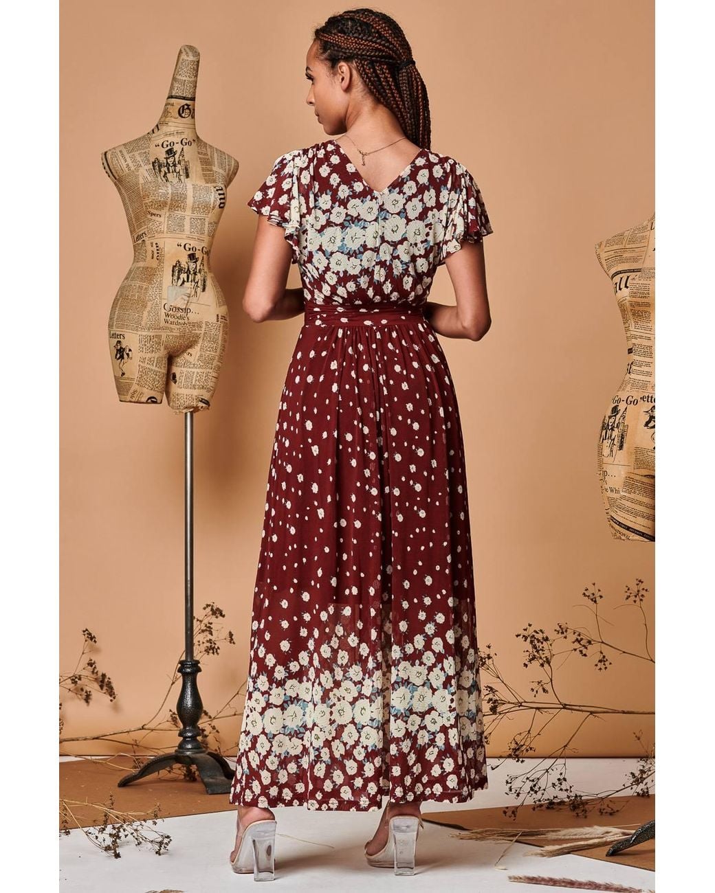 Jolie Moi Brown Carlii Symmetrical Print Mesh Maxi Dress