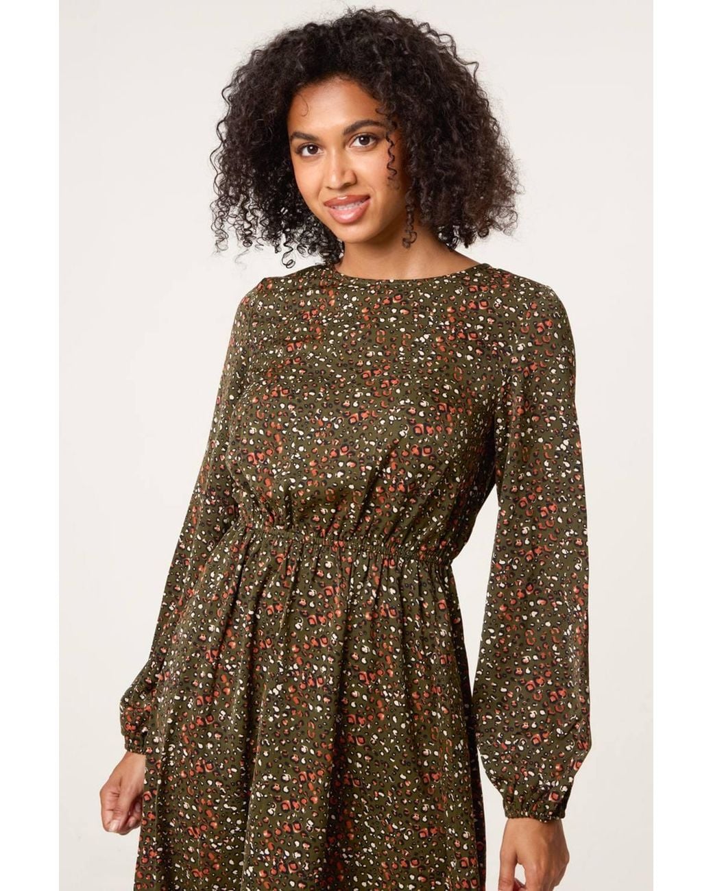Blue Vanilla Natural Elasticated Waist Long Sleeve Round Neck Midi Dress