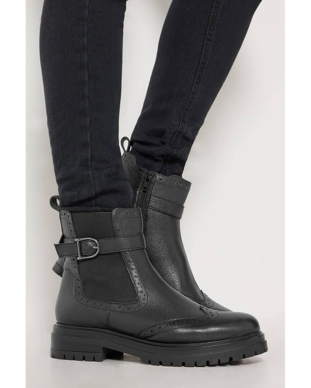 Long Tall Sally Black Leather Brogue Detail Chelsea Boots