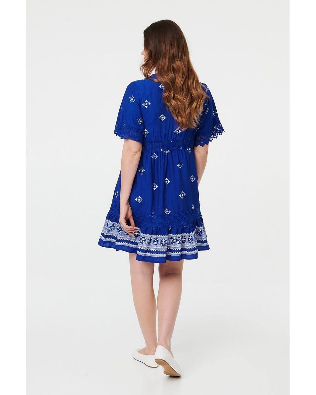 Izabel London Blue Border Print Lace 1/2 Sleeve Short Dress