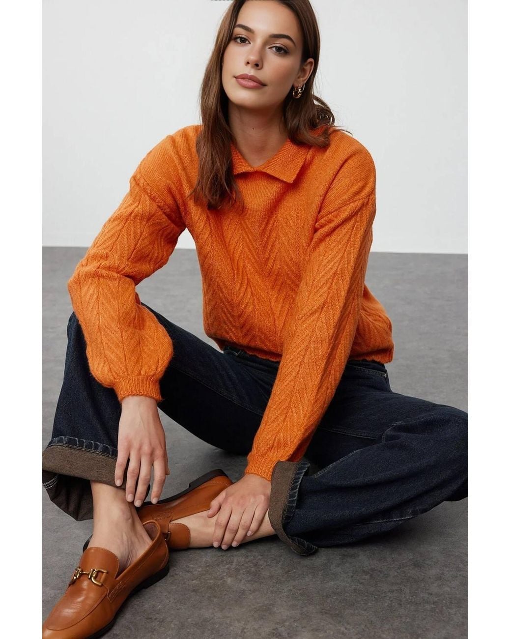 WOVCOR Orange Textured Chevron Knit Collared Jumper