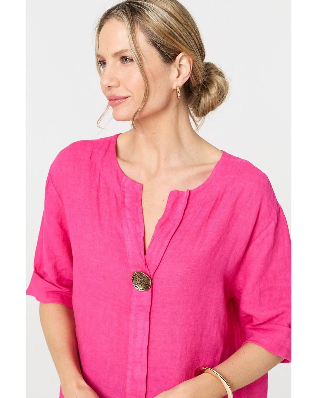 Izabel London Pink Button Detail 1/2 Sleeve V-Neck Blouse