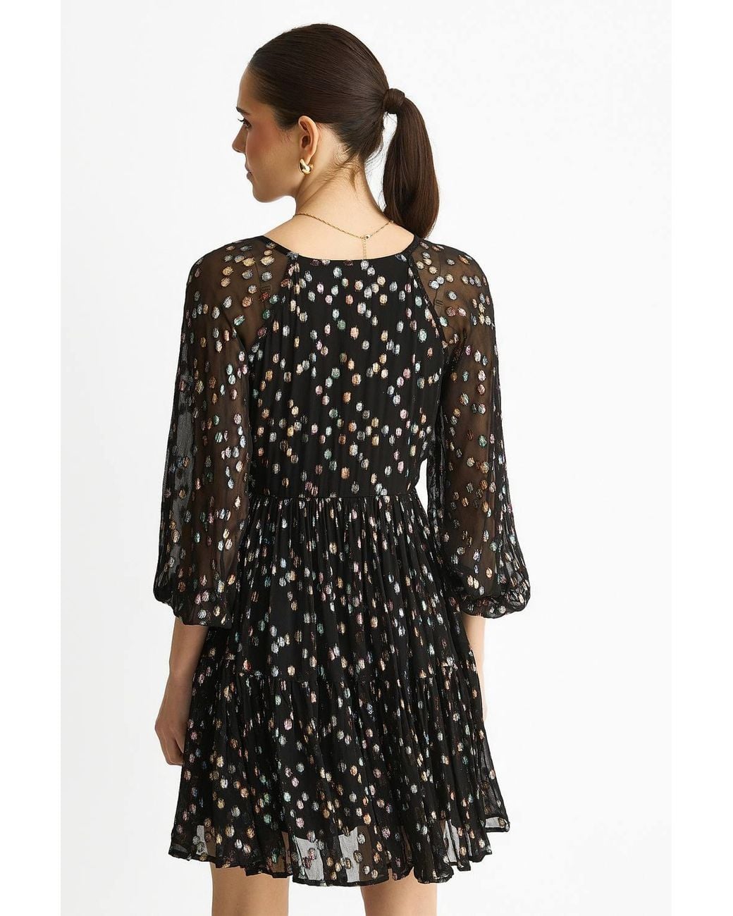 Gini London Black Multicolored Spot Viscose Clipped Jacquard Mini Tiered Dress