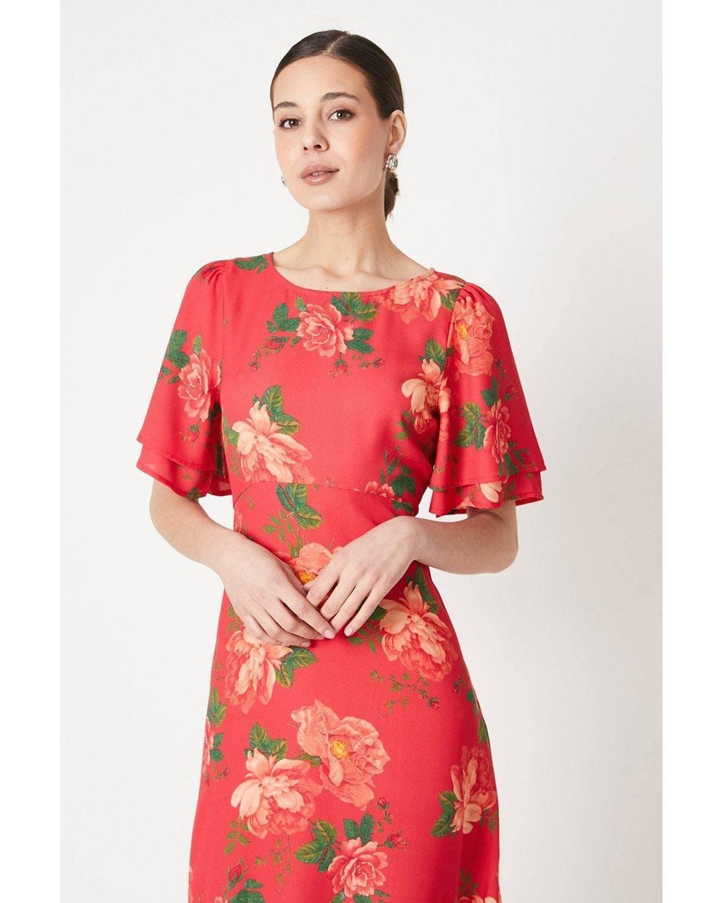 Dorothy Perkins Red Floral Tie Back Flutter Sleeve Midi Dress