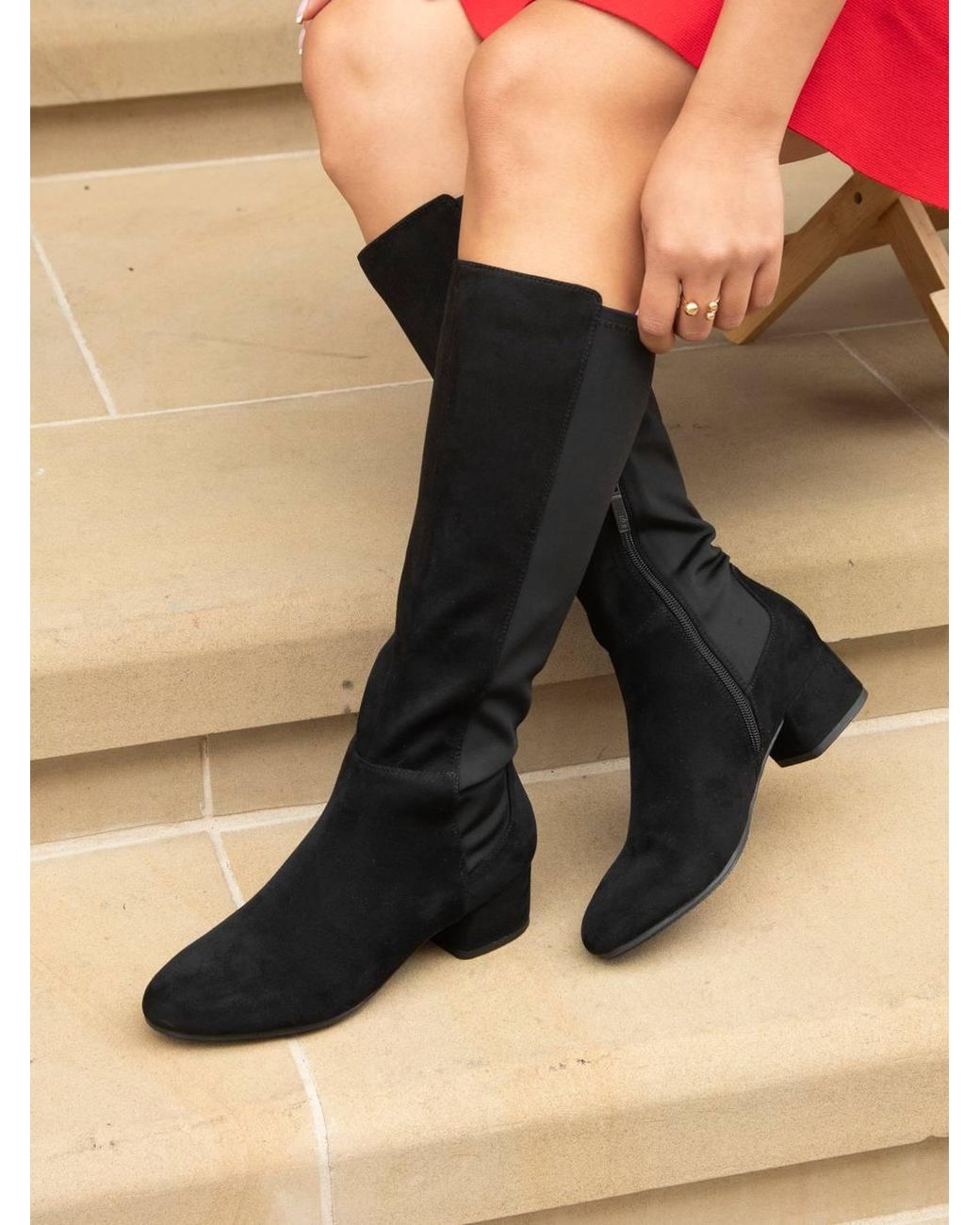 Linzi Black Sloane Faux Suede Long Low Heeled Boot