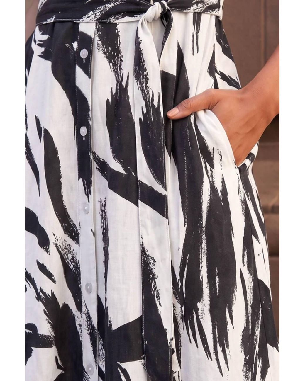 Roman Brown Brushstroke Linen Mix Midi Dress