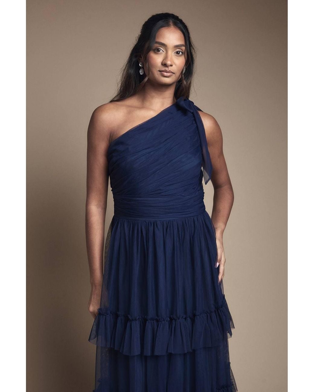 Oasis Blue Pleated Mesh One Shoulder Tiered Maxi Bridesmaid Maxi Dress