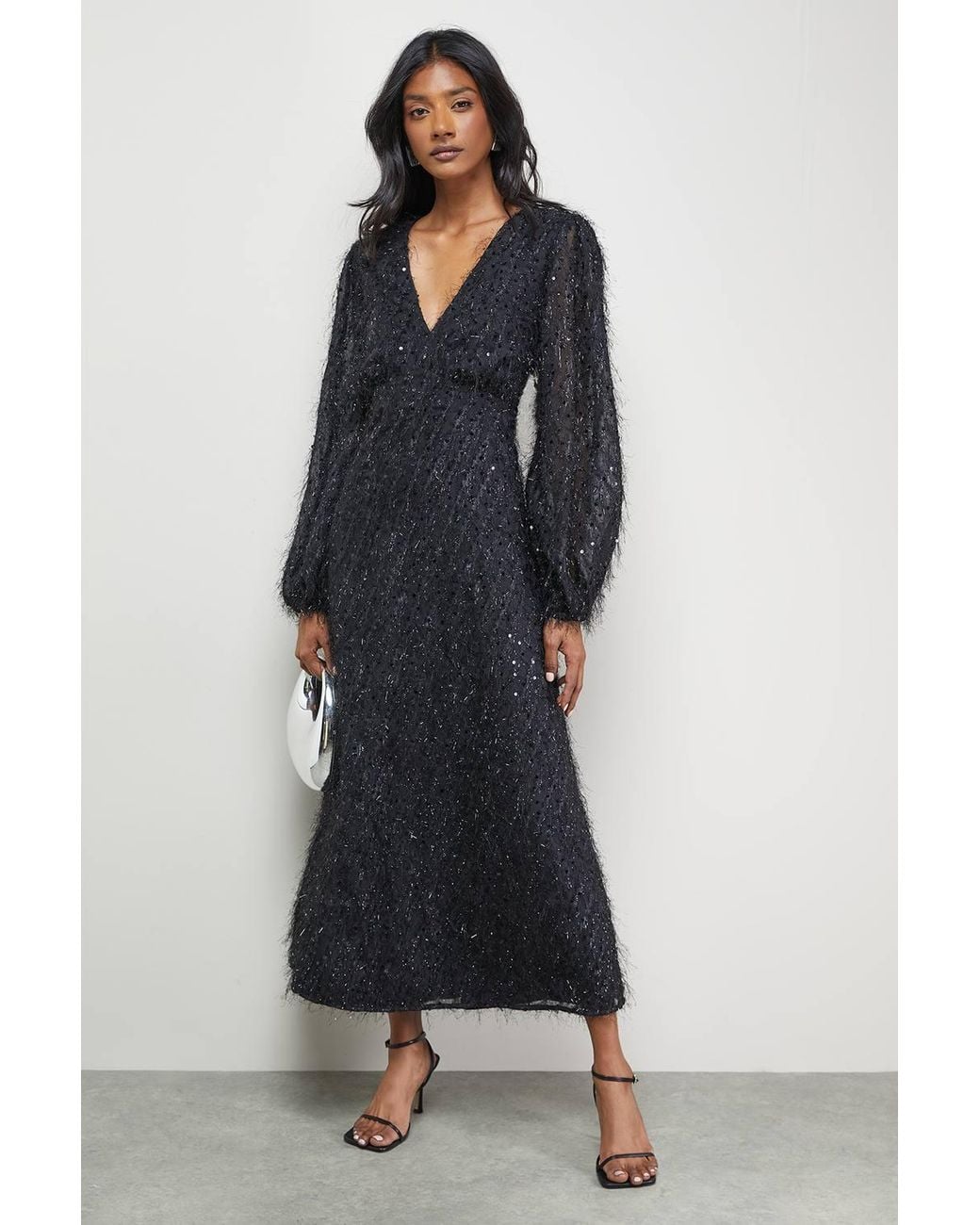 Warehouse Blue Sequin Embellished Fluffy Plunge Neck Midi Dress