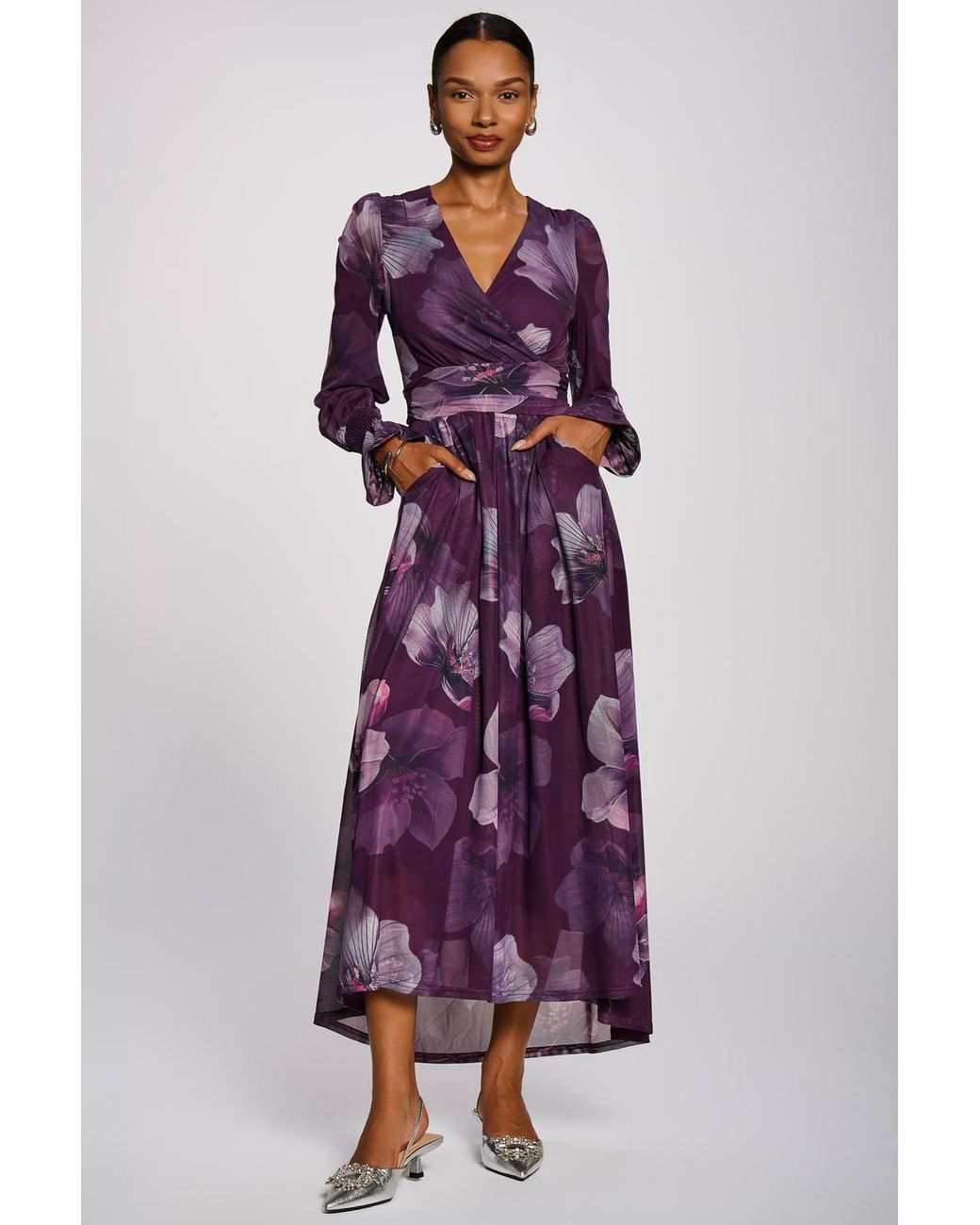 Jolie Moi Purple Long Sleeve V Neck Mesh Maxi Dress