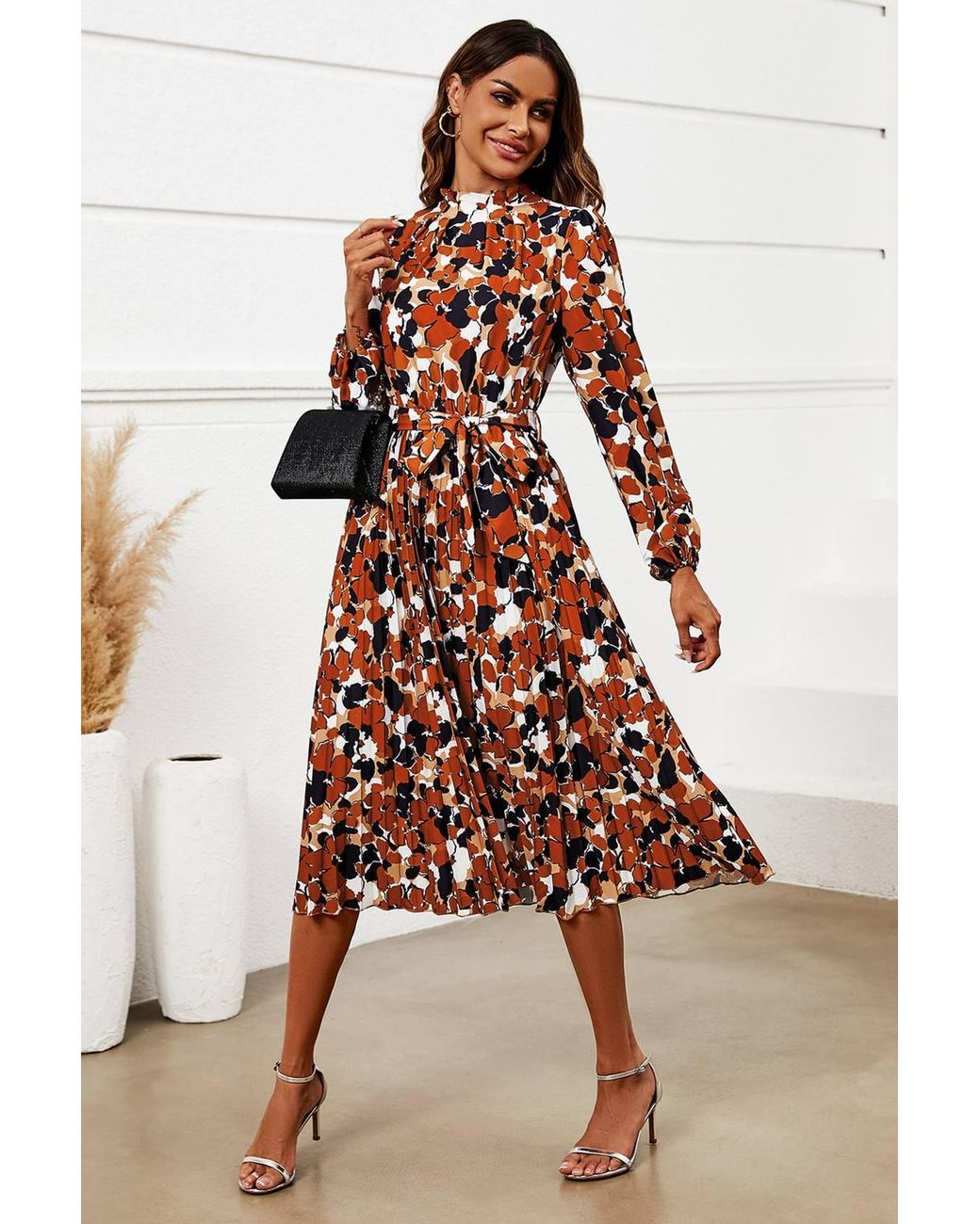 FS Collection White Floral Print High Neck Long Sleeve Midi Dress