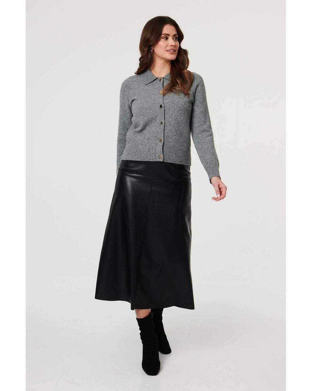 Izabel London Gray Textured Button Front Collared Cardigan