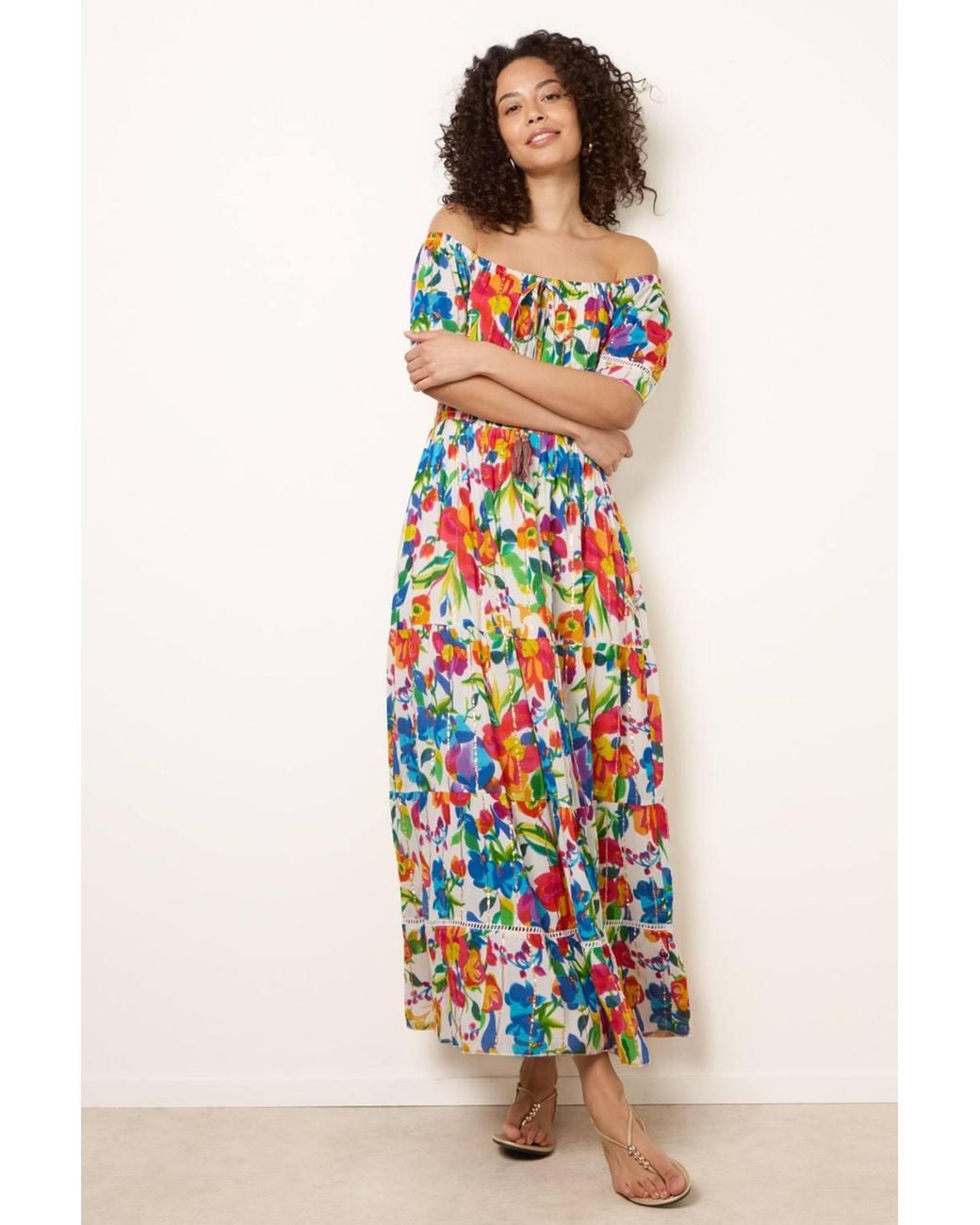 Blue Vanilla White Multi Short Sleeve Slip On Bardot Maxi Dress