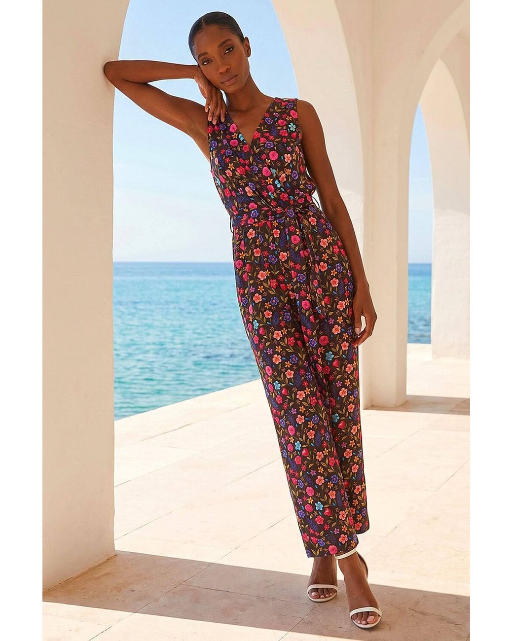 Roman Black Petite Ditsy Wrap Bodice Jumpsuit
