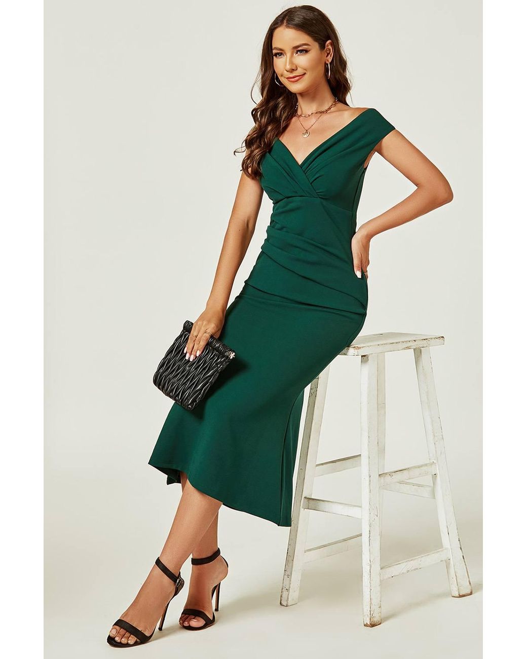 FS Collection Green Bardot Pleated Occasion Midi Dress
