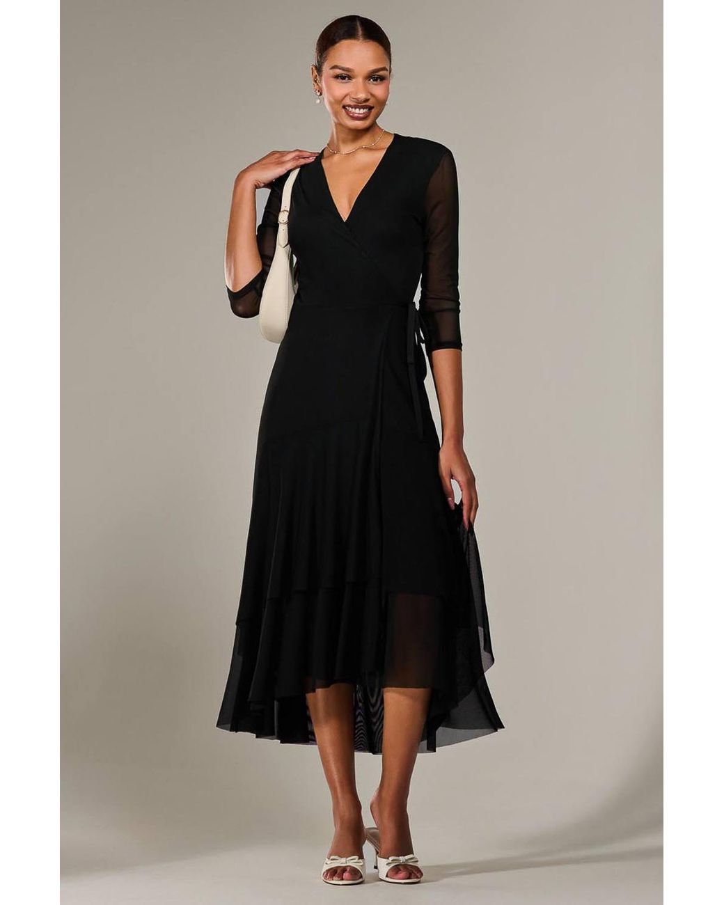 Jolie Moi Black Mesh Wrap Midaxi Dress