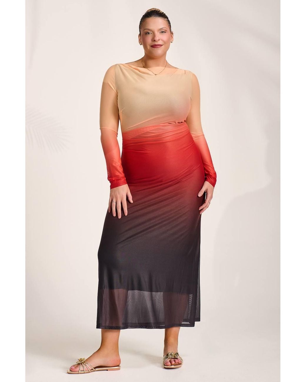 Jolie Moi Red Long Sleeve Slash Neck Mesh Maxi Dress