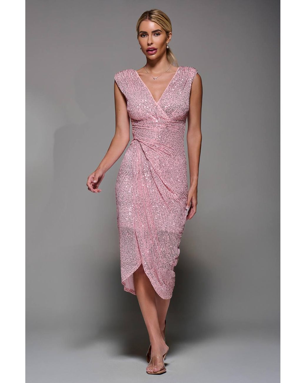 Jolie Moi Gray Sequin V Neck Ruched Wrap Bodycon Dress