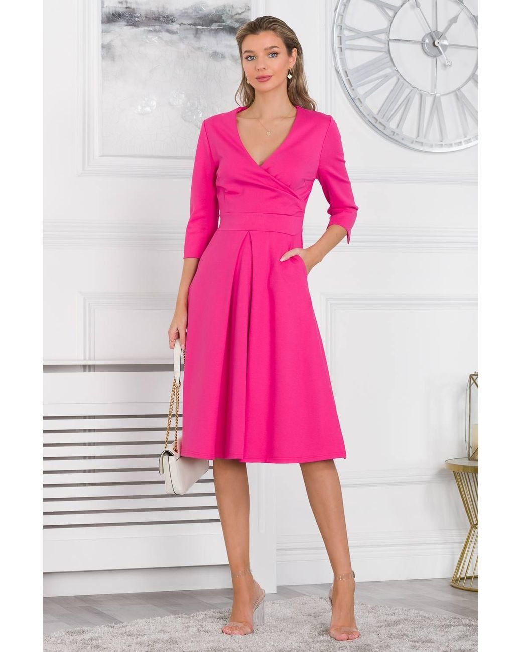 Jolie Moi Pink Paige 3/4 Sleeve Wrap Dress