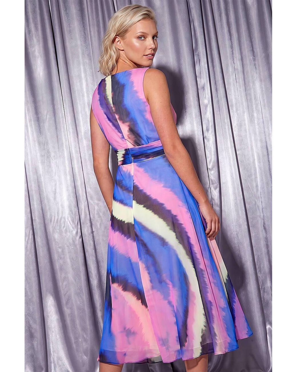 Roman Gray Petite Tie Dye Gathered Midi Dress