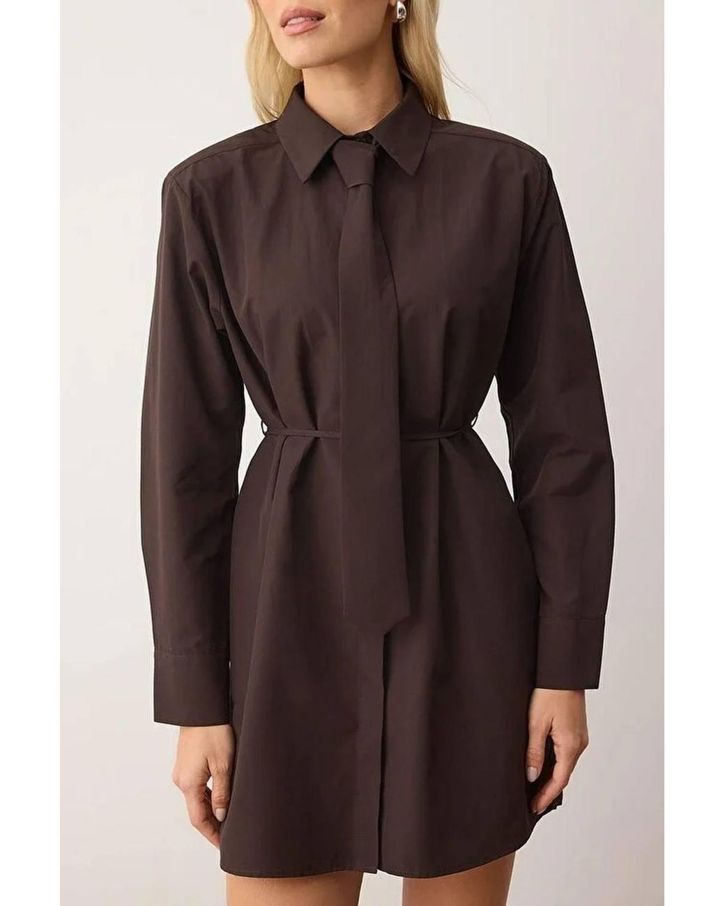 WOVCOR Brown Tie Detail Mini Woven Shirt Dress