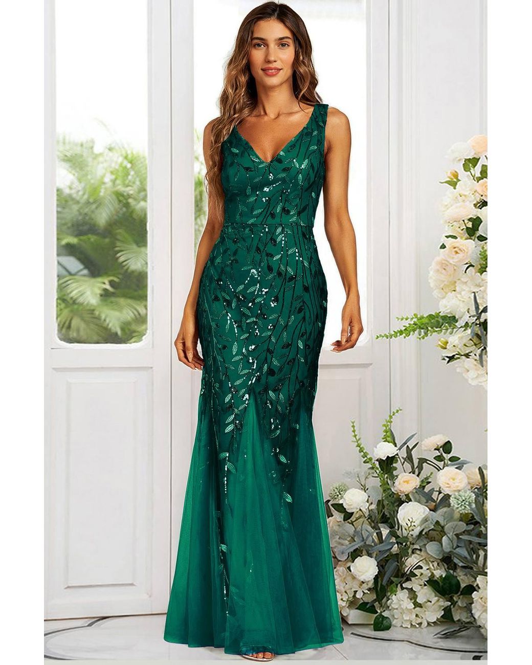 FS Collection Green Sequin Leaf Detailed V Neck Bridesmaid Maxi Dress