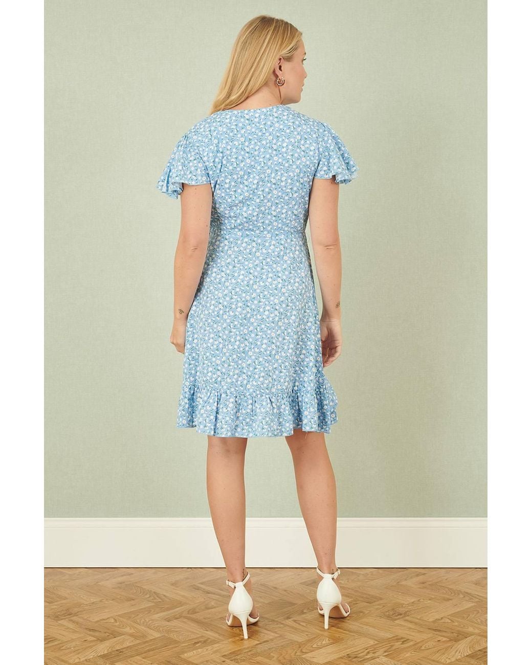Yumi' Blue Ditsy Floral Wrap Frill Dress