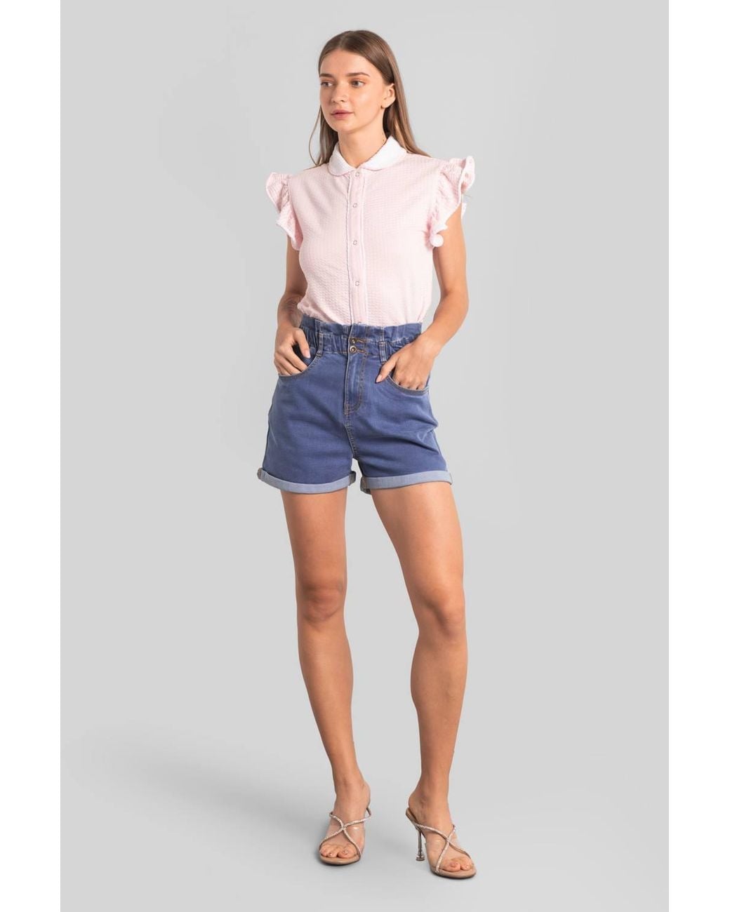 Enorsia Blue Denim Paperbag Waist Folded Hem Shorts