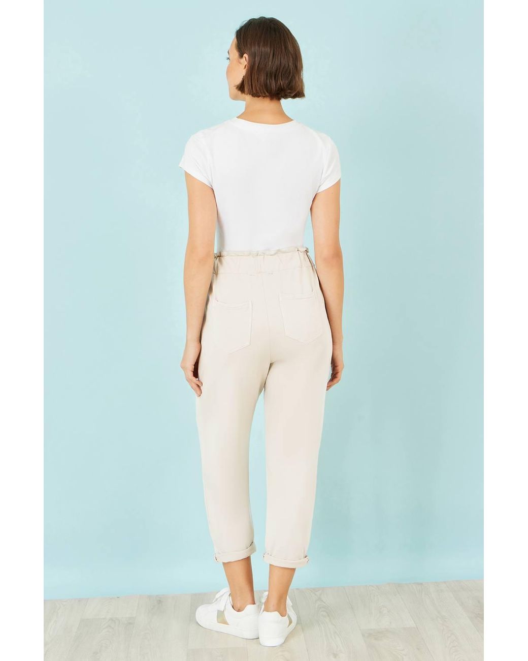 Yumi' Blue Cream Cotton Relaxed Stretch Trousers With Pockets