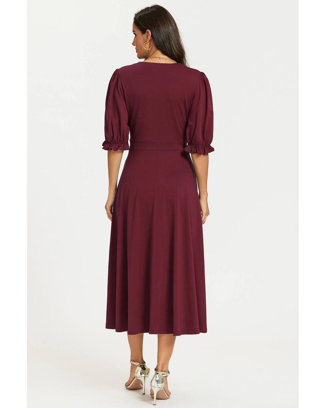 FS Collection Red Half Sleeves Jersey Midi Dress With Wrap Neckline