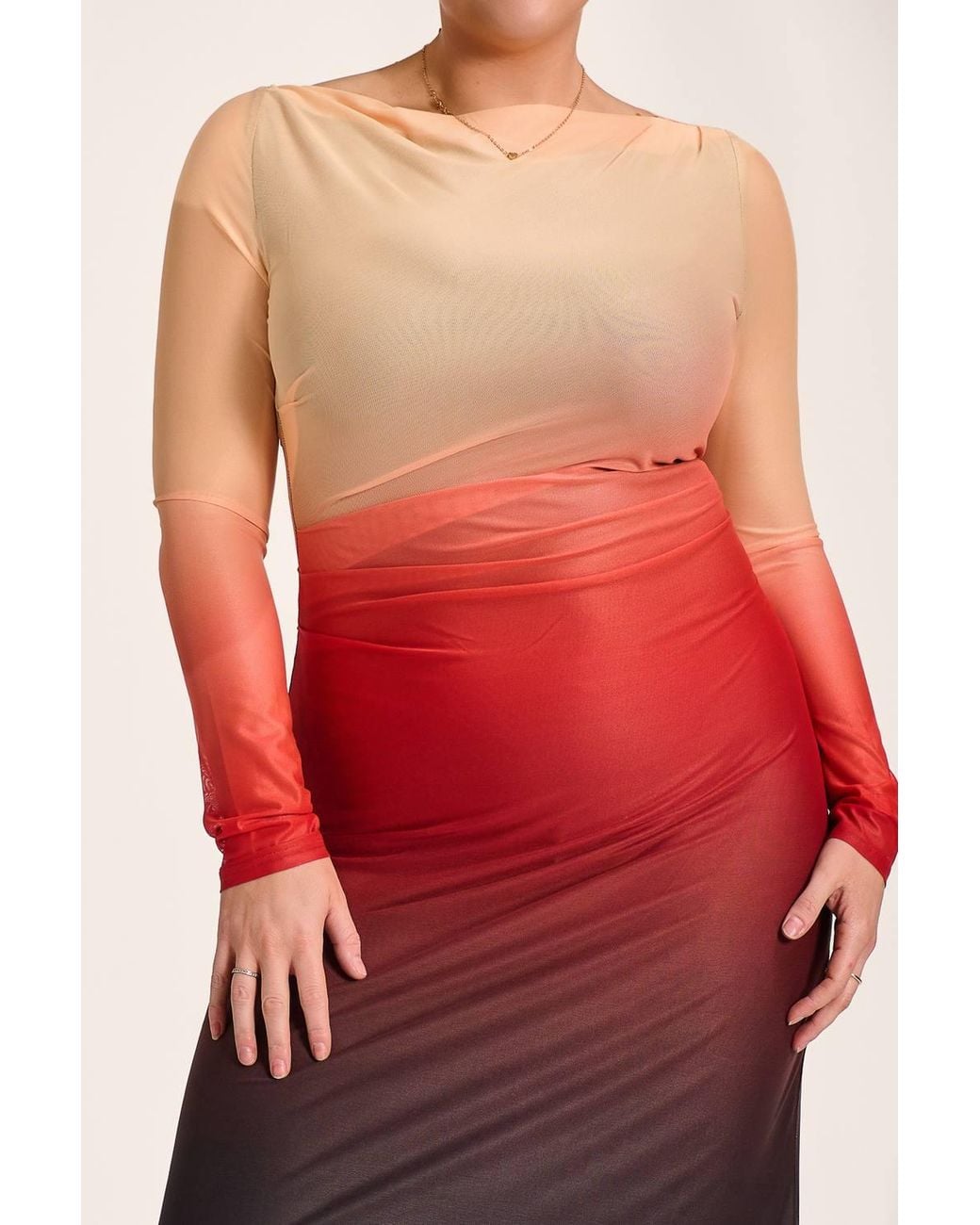 Jolie Moi Red Long Sleeve Slash Neck Mesh Maxi Dress