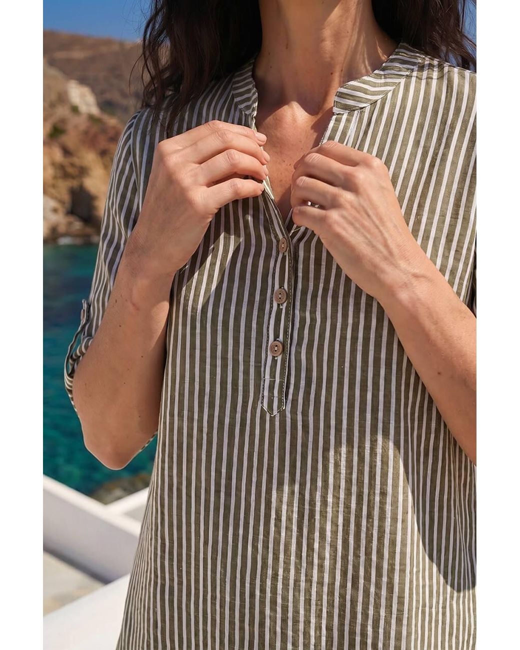 Roman Blue Classic Stripe Button Front Top