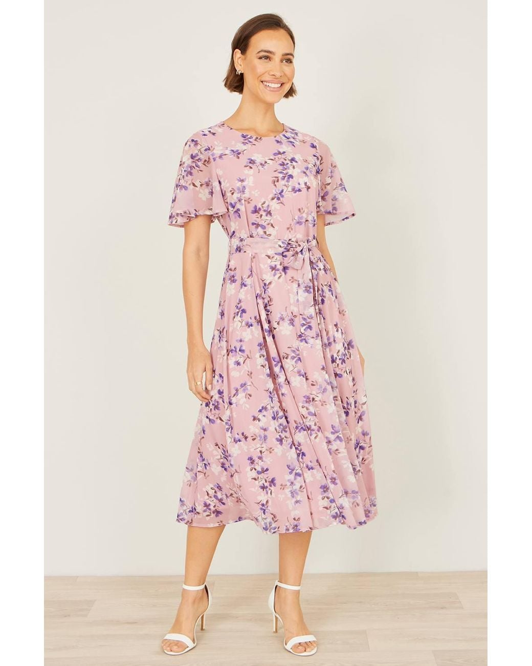 Yumi' Pink Blossom Skater Midi Dress W/ Angel Sleeves