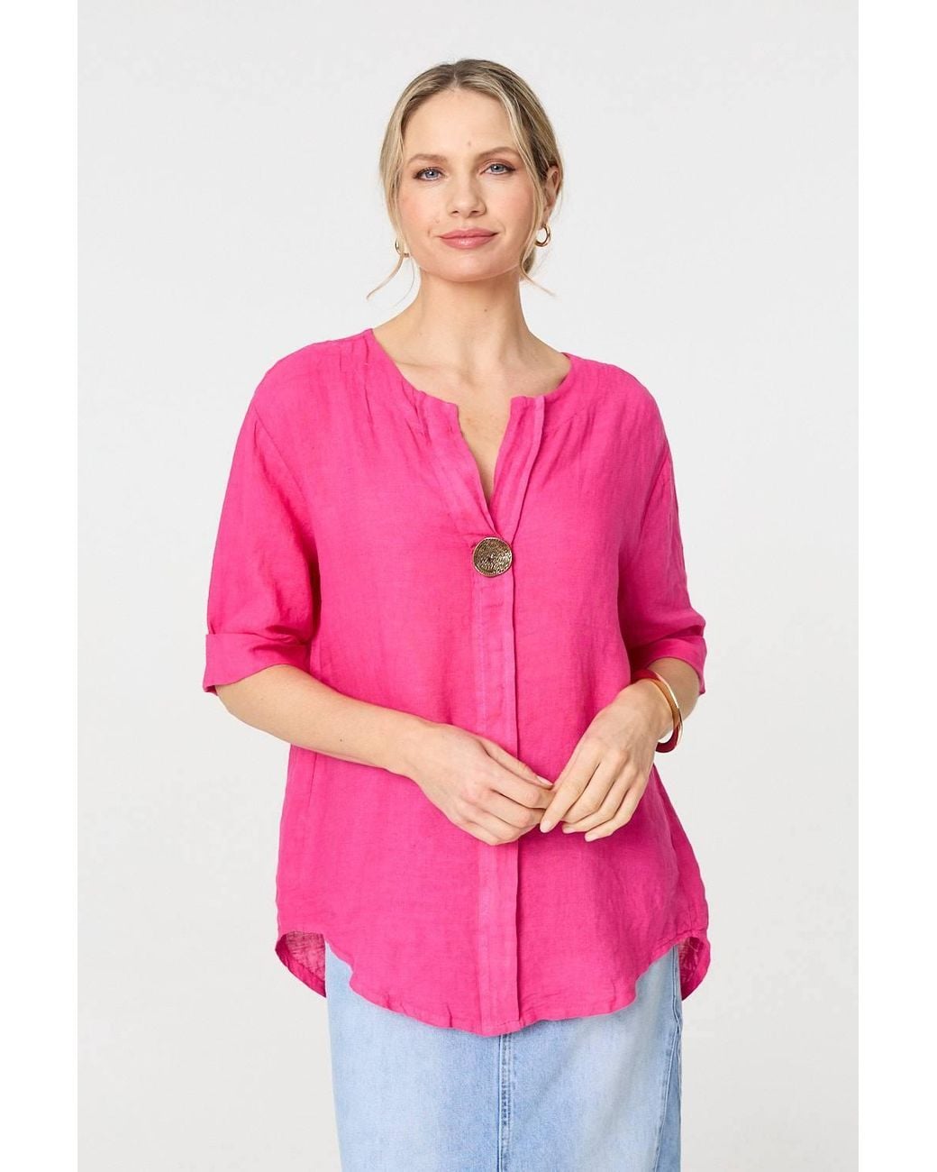 Izabel London Pink Button Detail 1/2 Sleeve V-Neck Blouse
