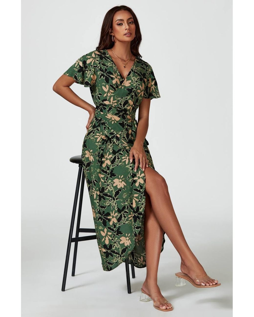 FS Collection Green Abstract Floral Wrap Maxi Dress