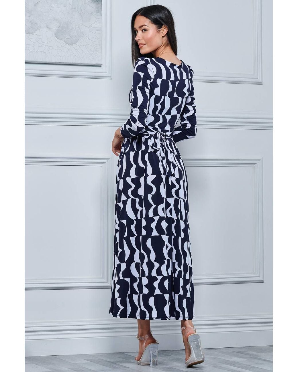 Jolie Moi Blue Geometric Print Long Sleeve Maxi Dress