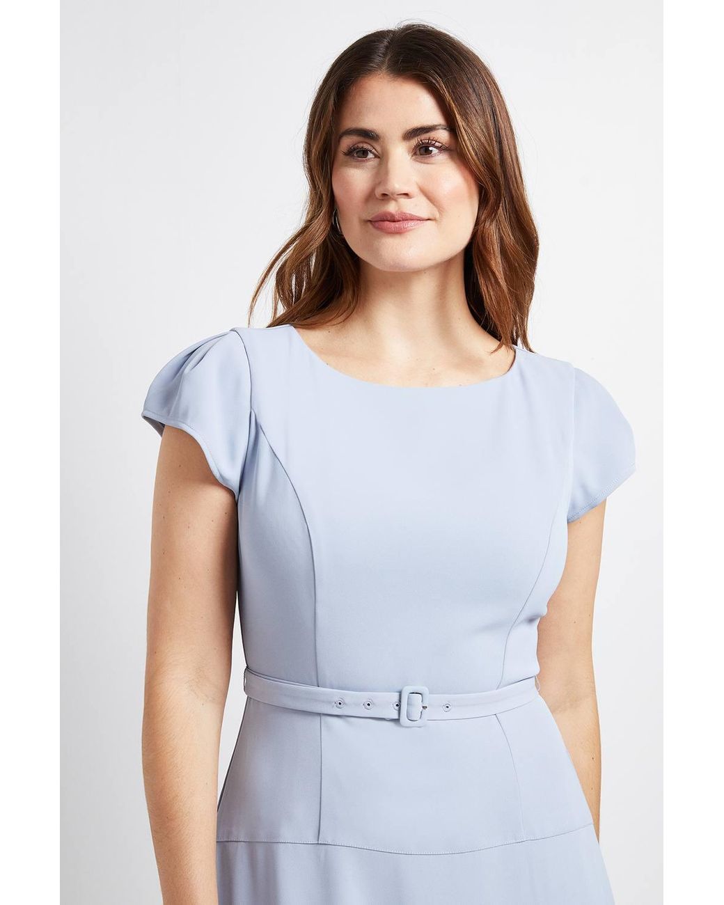 Wallis Blue Crepe Belted Cap Sleeve Midi Dress