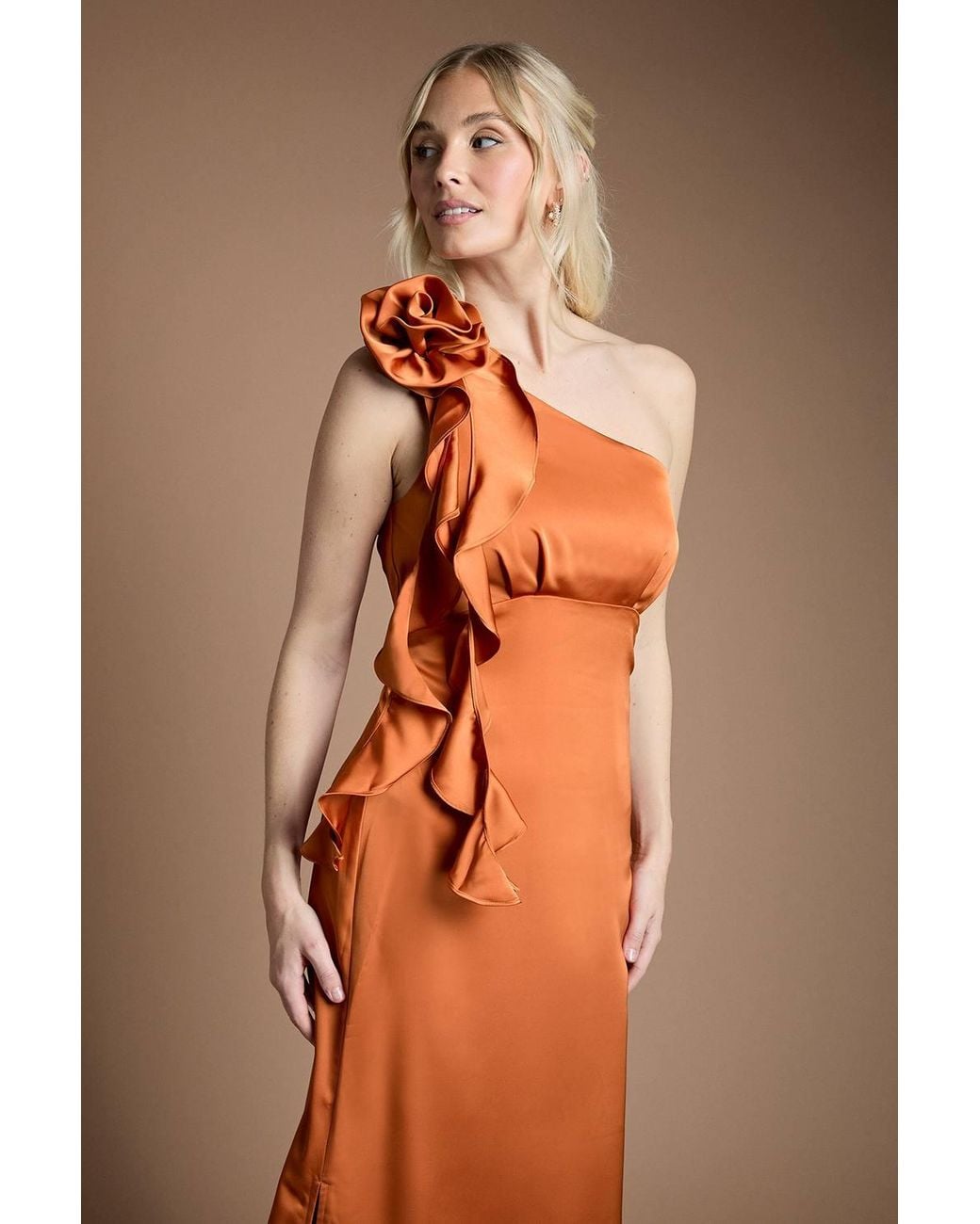 Oasis Brown Corsage One Shoulder Maxi Bridesmaid Dress