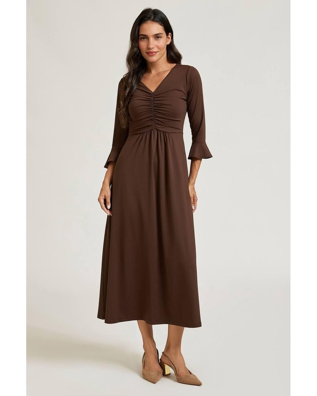 FS Collection Brown Fluted Sleeves Ruched Jersey Midi Dress