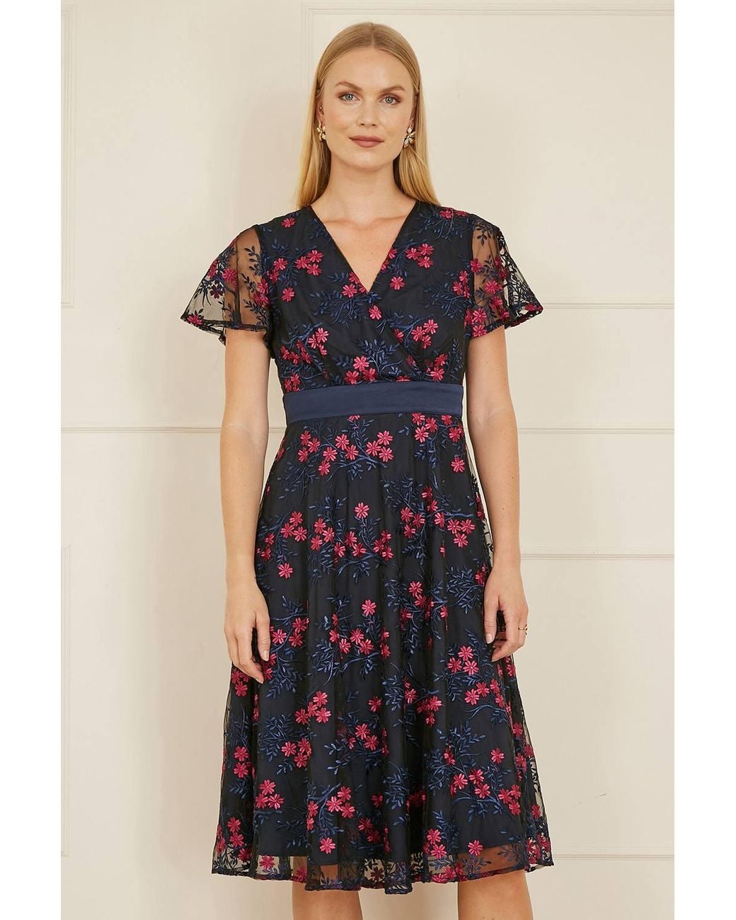 Yumi' Blue Embroidered Floral Mesh Wrap Midi Skater Dress