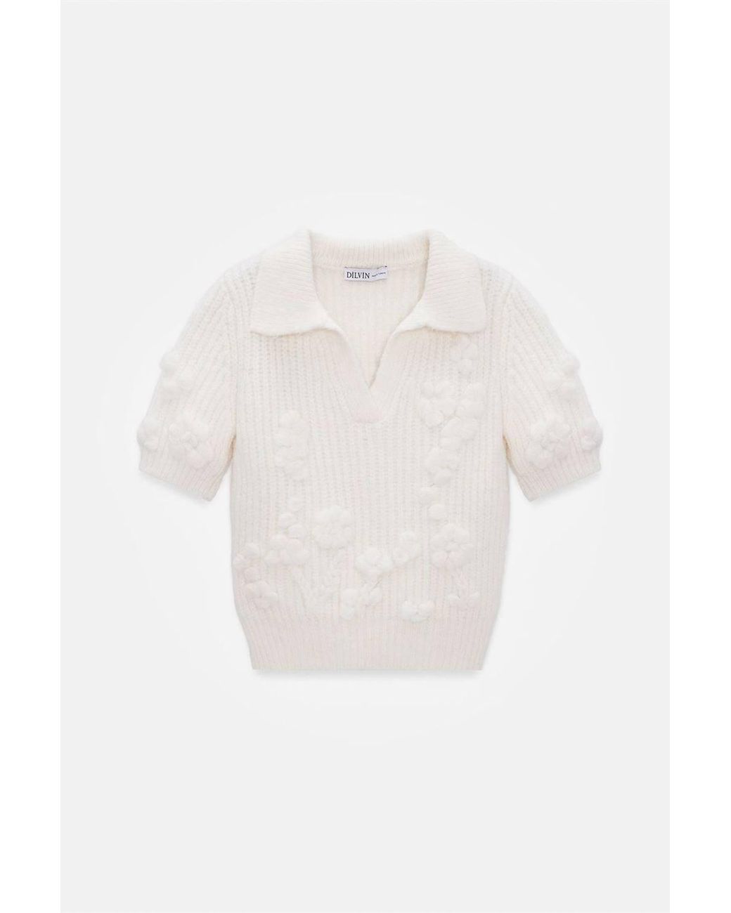 Dilvin White Textured Ribbed Polo-Collar Sweater