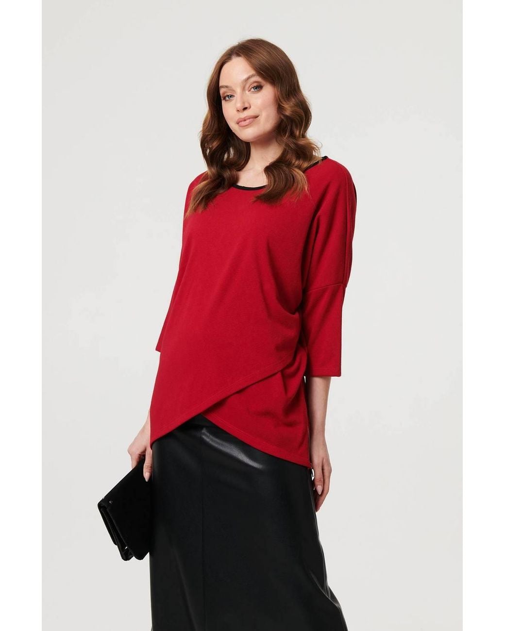 Izabel London Red Asymmetric Zip Hem 3/4 Sleeve Tunic Top